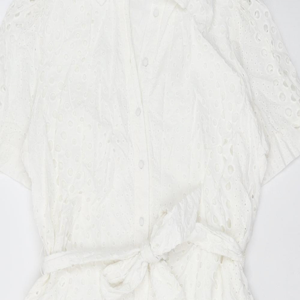 Marks and Spencer Womens White Geometric 100% Cotton Shirt Dress Size 18 Collared Button - Broderie Anglaise