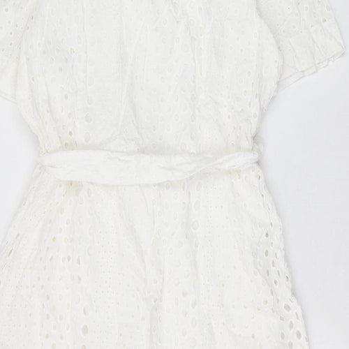 Marks and Spencer Womens White Geometric 100% Cotton Shirt Dress Size 18 Collared Button - Broderie Anglaise