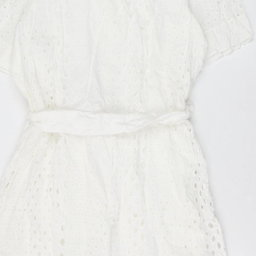 Marks and Spencer Womens White Geometric 100% Cotton Shirt Dress Size 18 Collared Button - Broderie Anglaise
