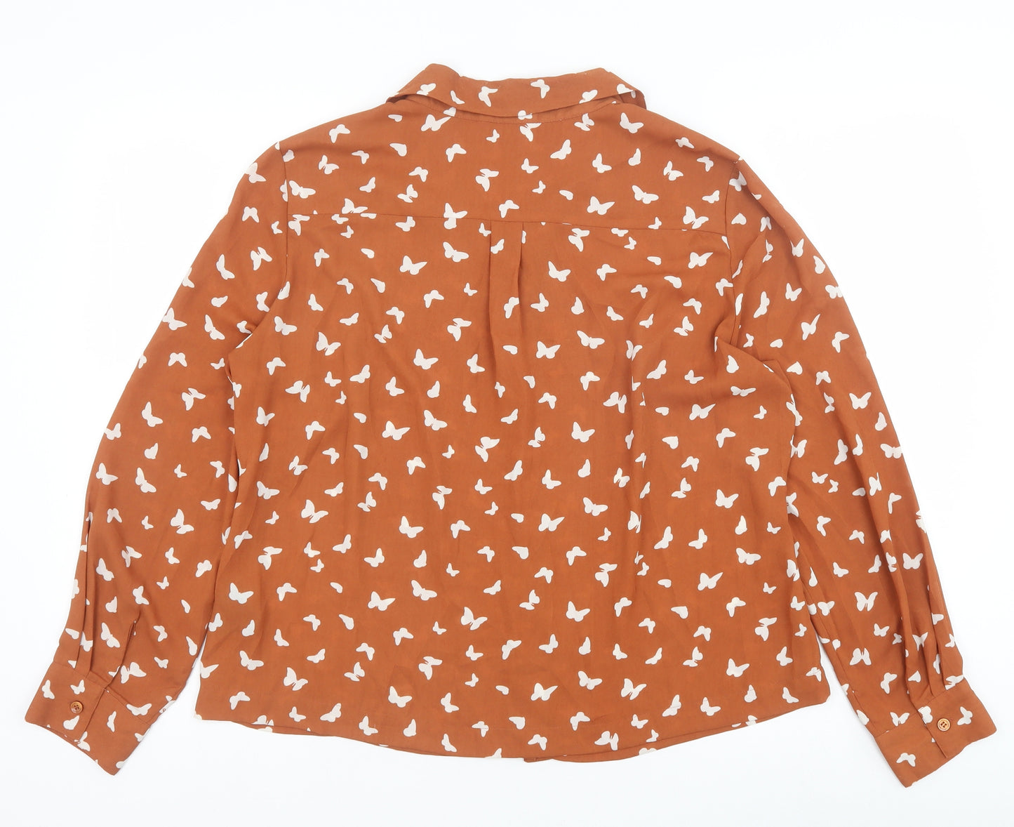 Marks and Spencer Womens Brown Geometric Polyester Basic Button-Up Size 16 Collared - Butterfly Pattern