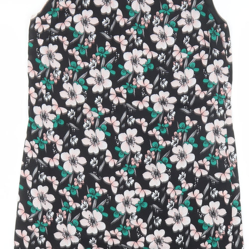 Debenhams Womens Black Floral Polyester Shift Size 10 Round Neck Button