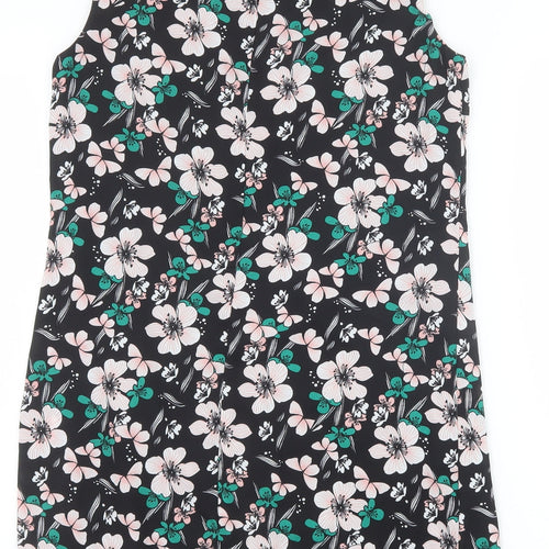 Debenhams Womens Black Floral Polyester Shift Size 10 Round Neck Button