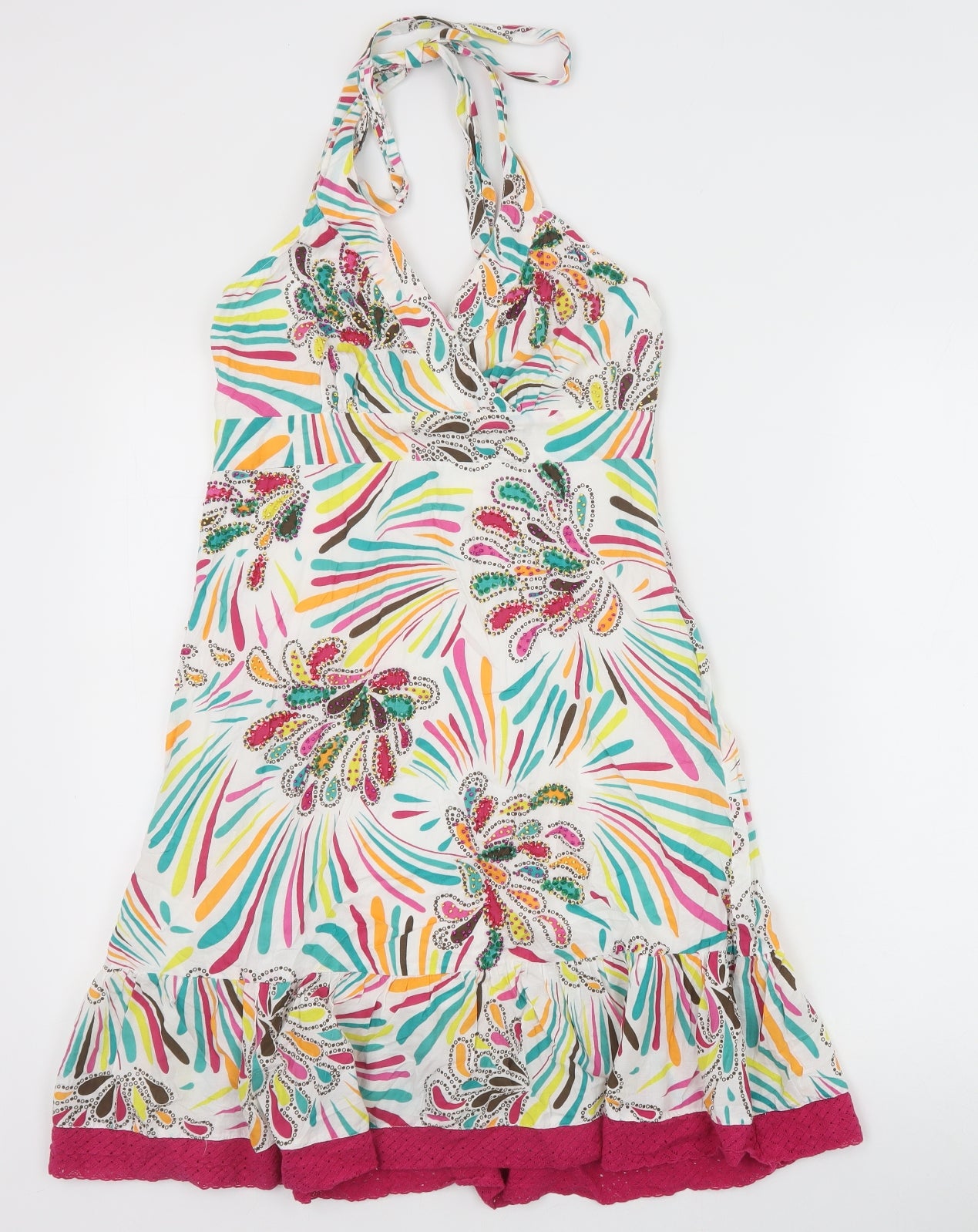 Be Beau Womens Multicoloured Geometric 100% Cotton A-Line Size 10 Halter Zip - Drop hem