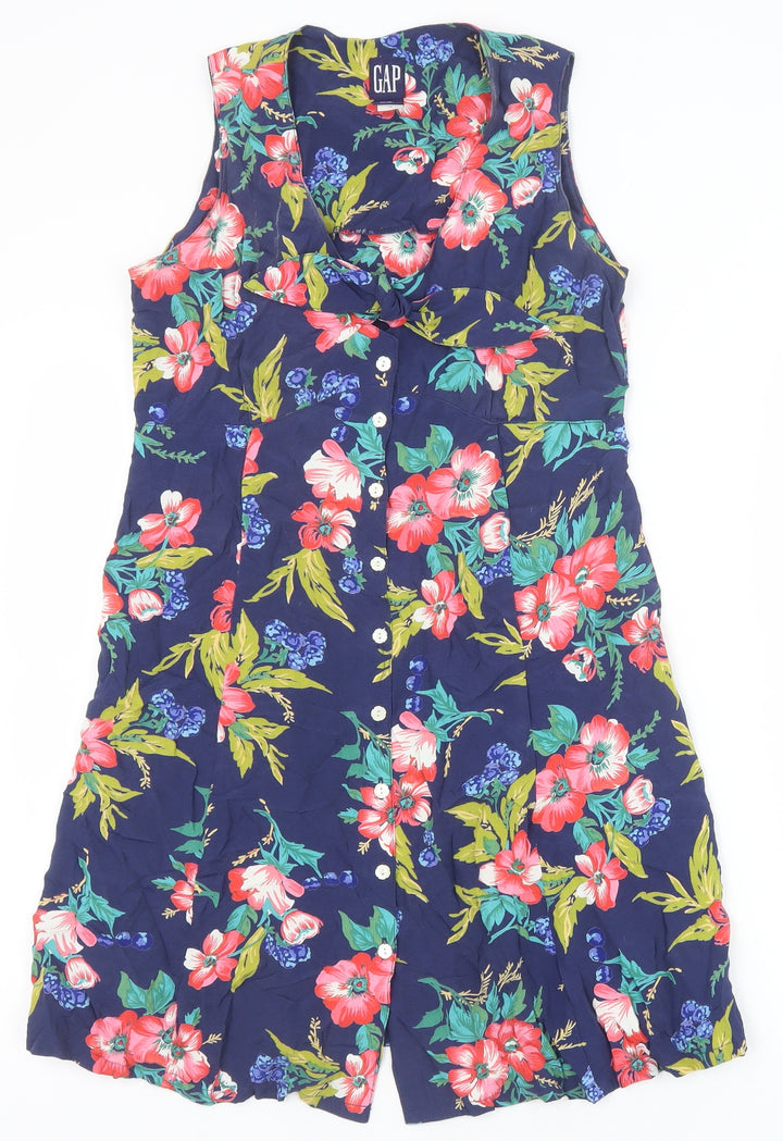 Gap Womens Blue Floral Viscose A-Line Size XS V-Neck Button