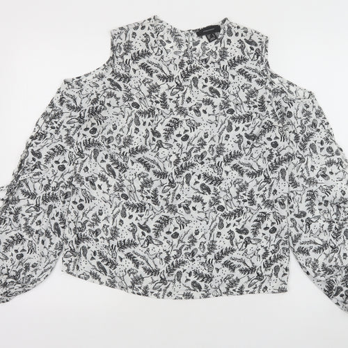 Primark Womens White Geometric Polyester Basic Blouse Size 10 Round Neck - Cold Shoulder