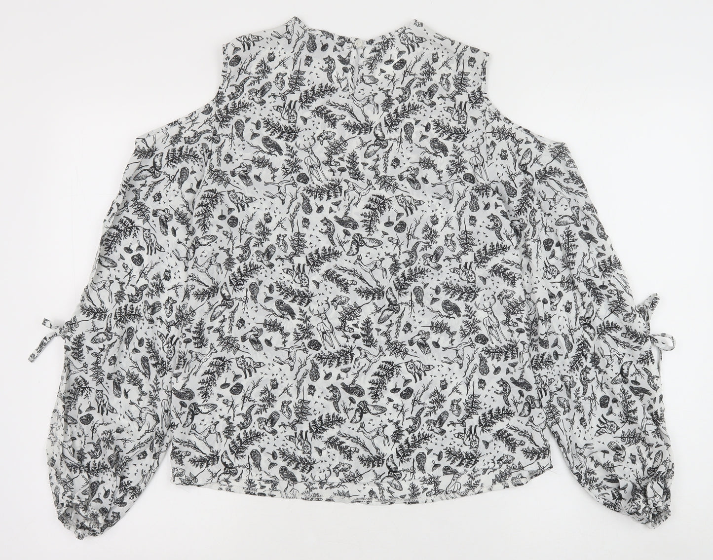 Primark Womens White Geometric Polyester Basic Blouse Size 10 Round Neck - Cold Shoulder