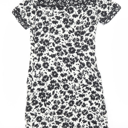 Marks and Spencer Womens Black Floral Viscose A-Line Size 8 Scoop Neck Zip