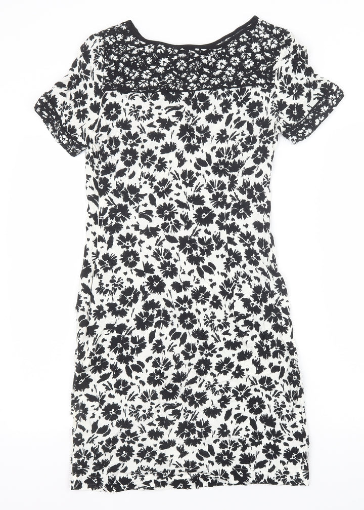 Marks and Spencer Womens Black Floral Viscose A-Line Size 8 Scoop Neck Zip