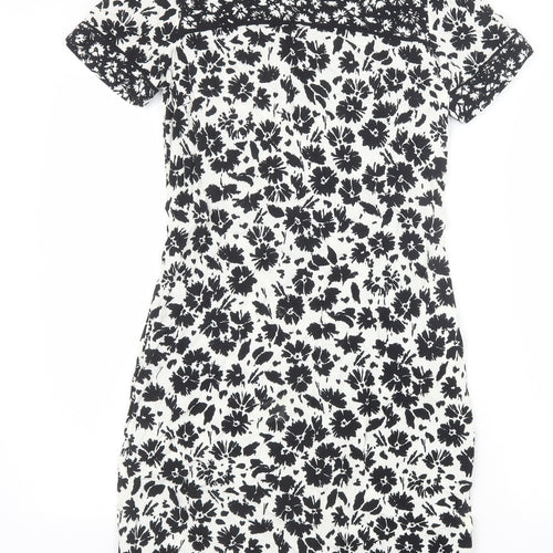 Marks and Spencer Womens Black Floral Viscose A-Line Size 8 Scoop Neck Zip