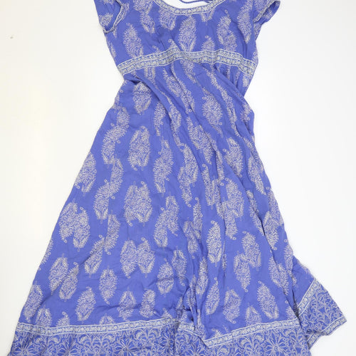 EAST Womens Blue Geometric 100% Cotton A-Line Size 14 Scoop Neck Zip