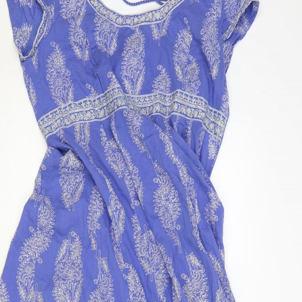EAST Womens Blue Geometric 100% Cotton A-Line Size 14 Scoop Neck Zip