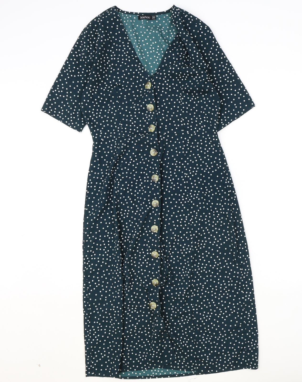 Boohoo Womens Green Polka Dot Polyester A-Line Size 8 V-Neck Button