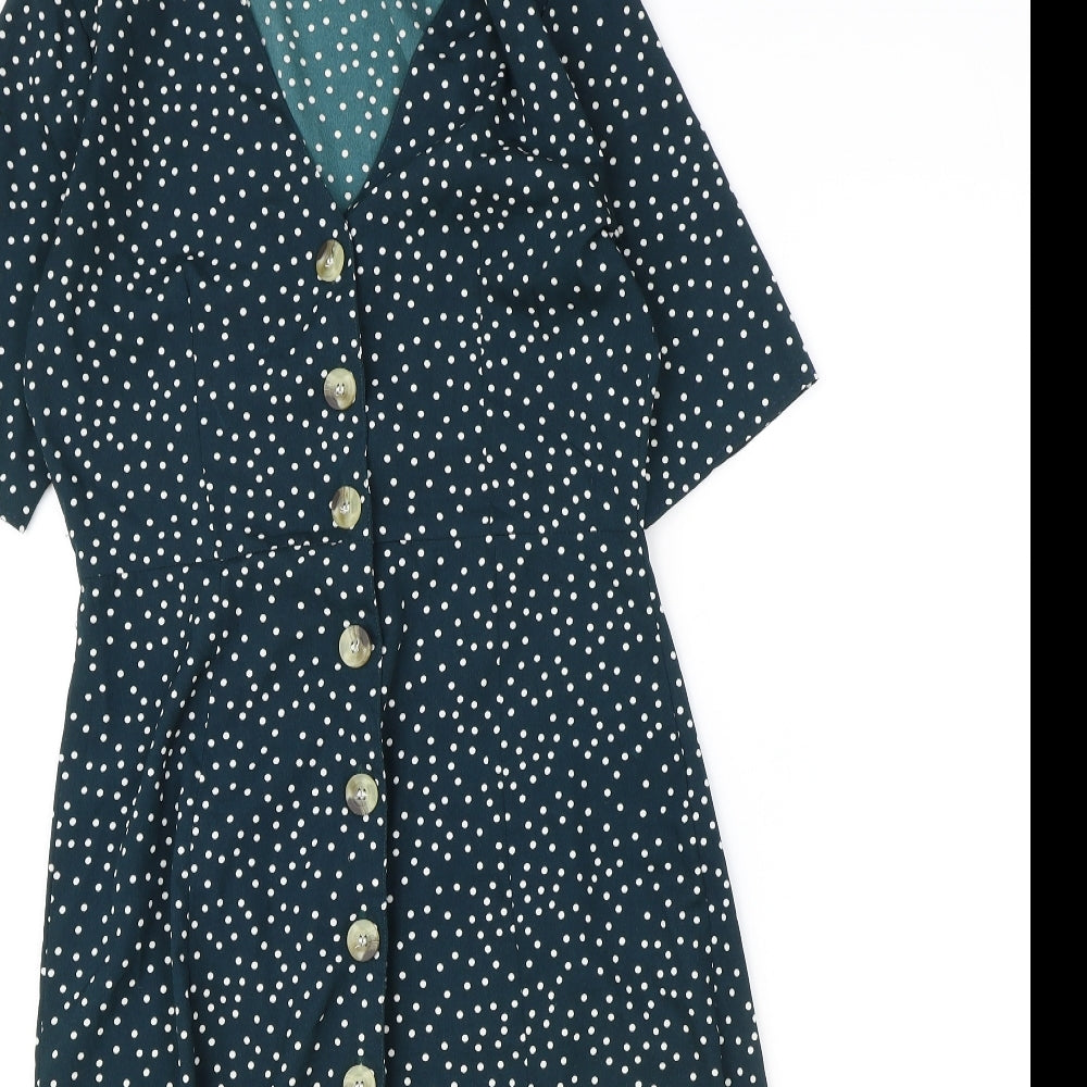 Boohoo Womens Green Polka Dot Polyester A-Line Size 8 V-Neck Button