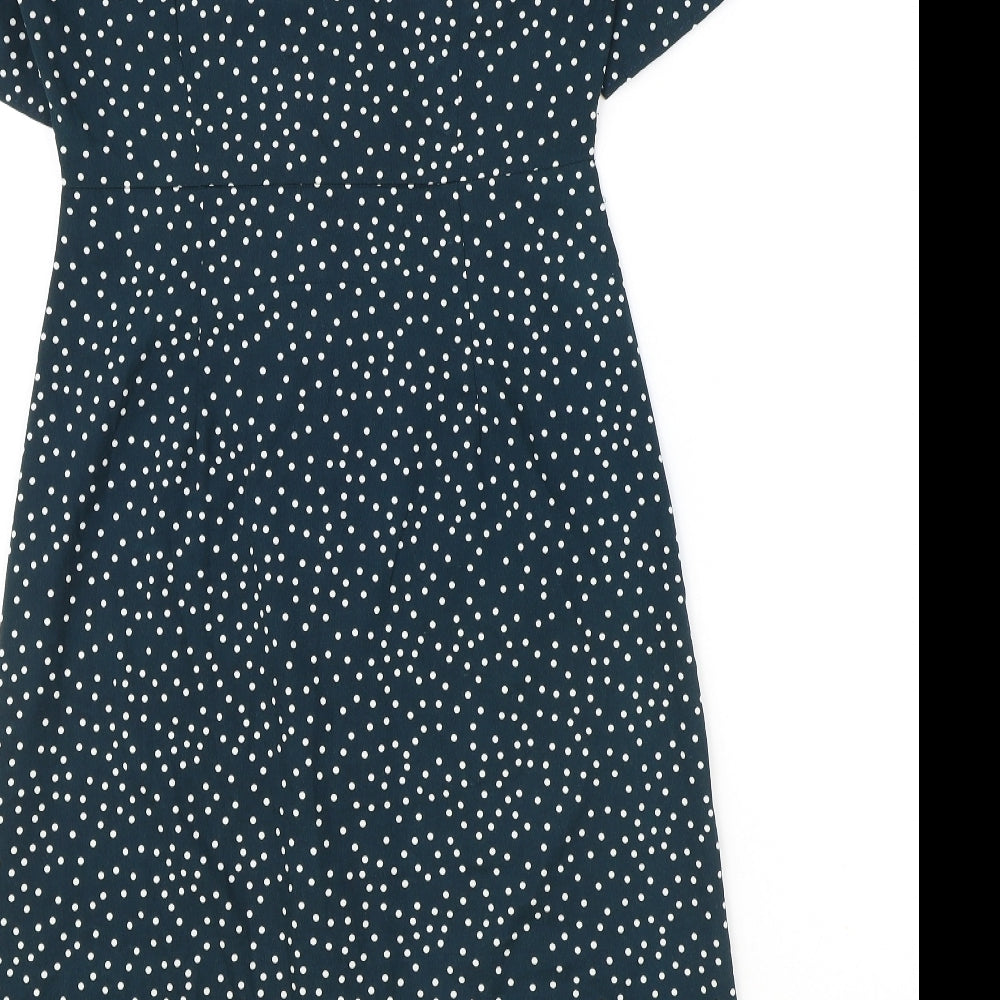 Boohoo Womens Green Polka Dot Polyester A-Line Size 8 V-Neck Button