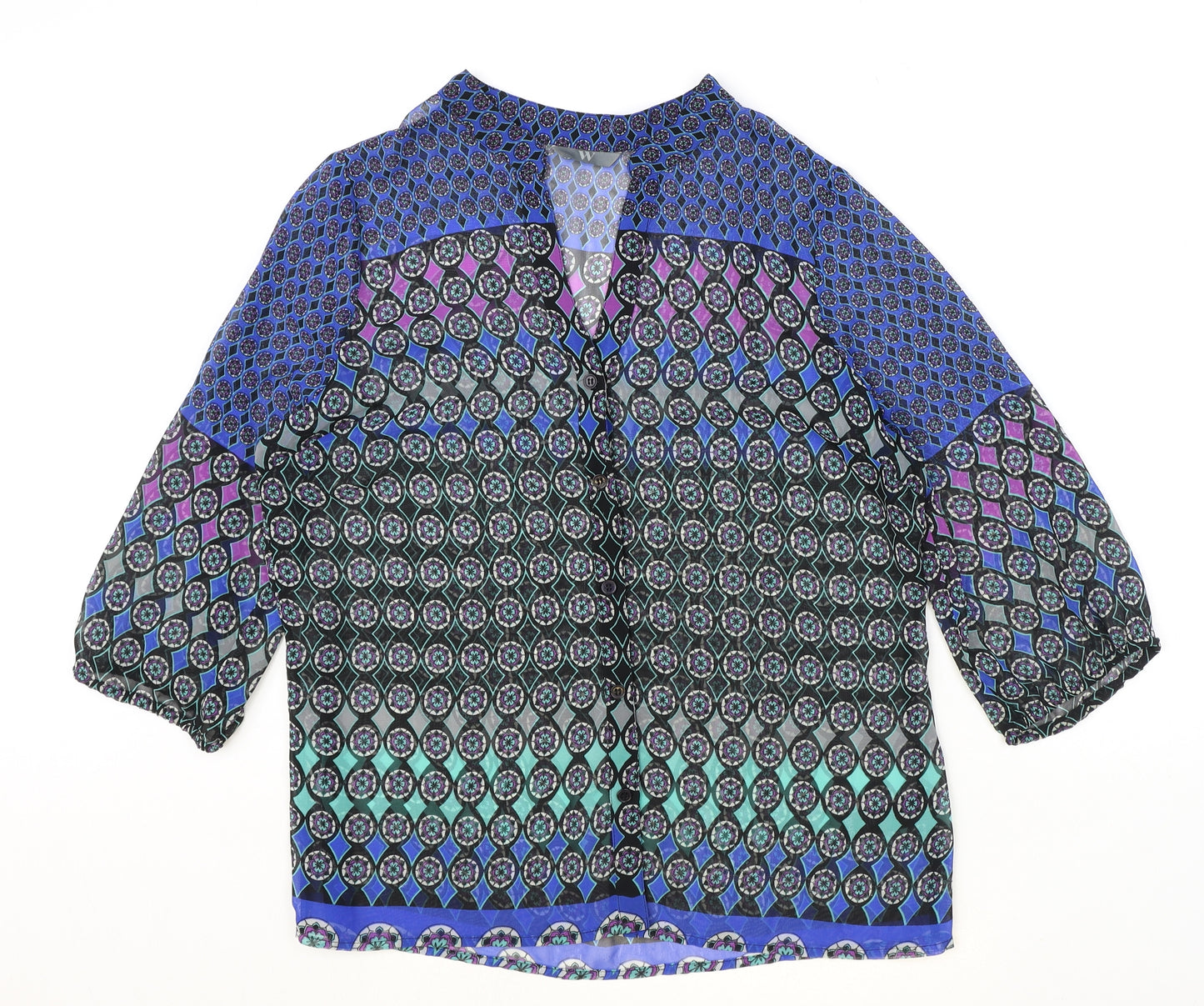 BHS Womens Multicoloured Geometric Polyester Basic Blouse Size 14 V-Neck