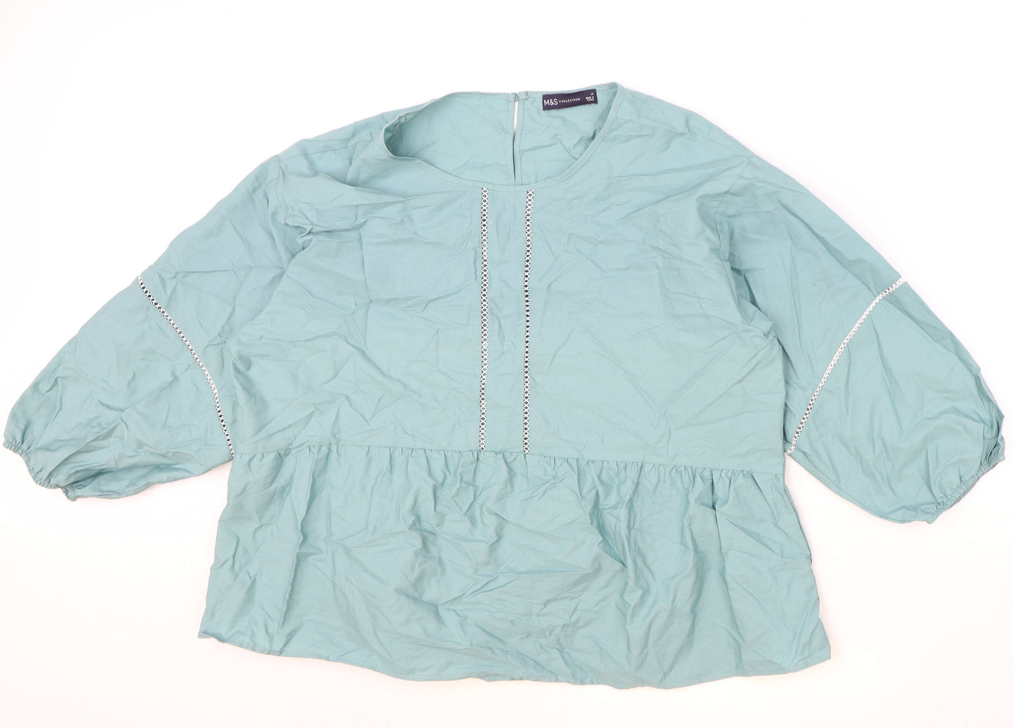 Marks and Spencer Womens Blue 100% Cotton Basic Blouse Size 14 Scoop Neck - Drop hem
