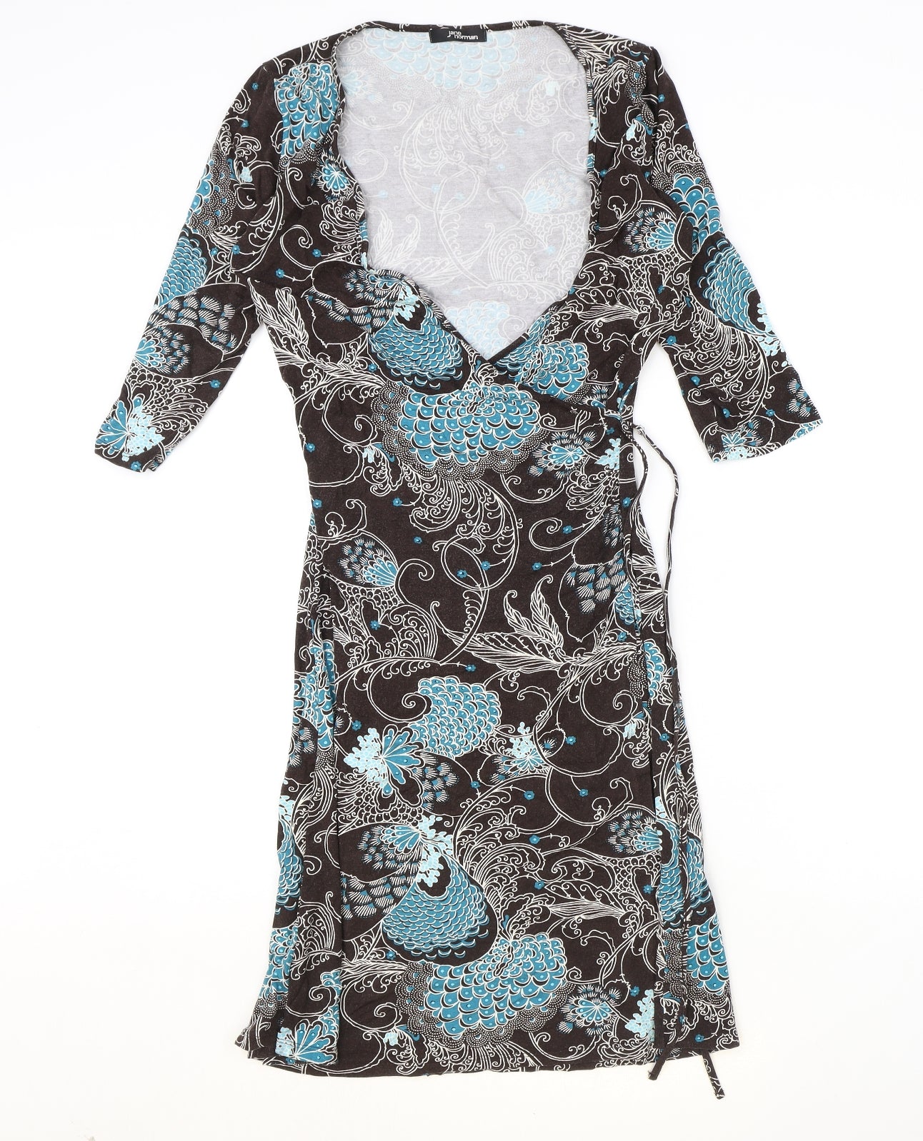 Jane Norman Womens Brown Floral Viscose Wrap Dress Size 14 V-Neck Pullover