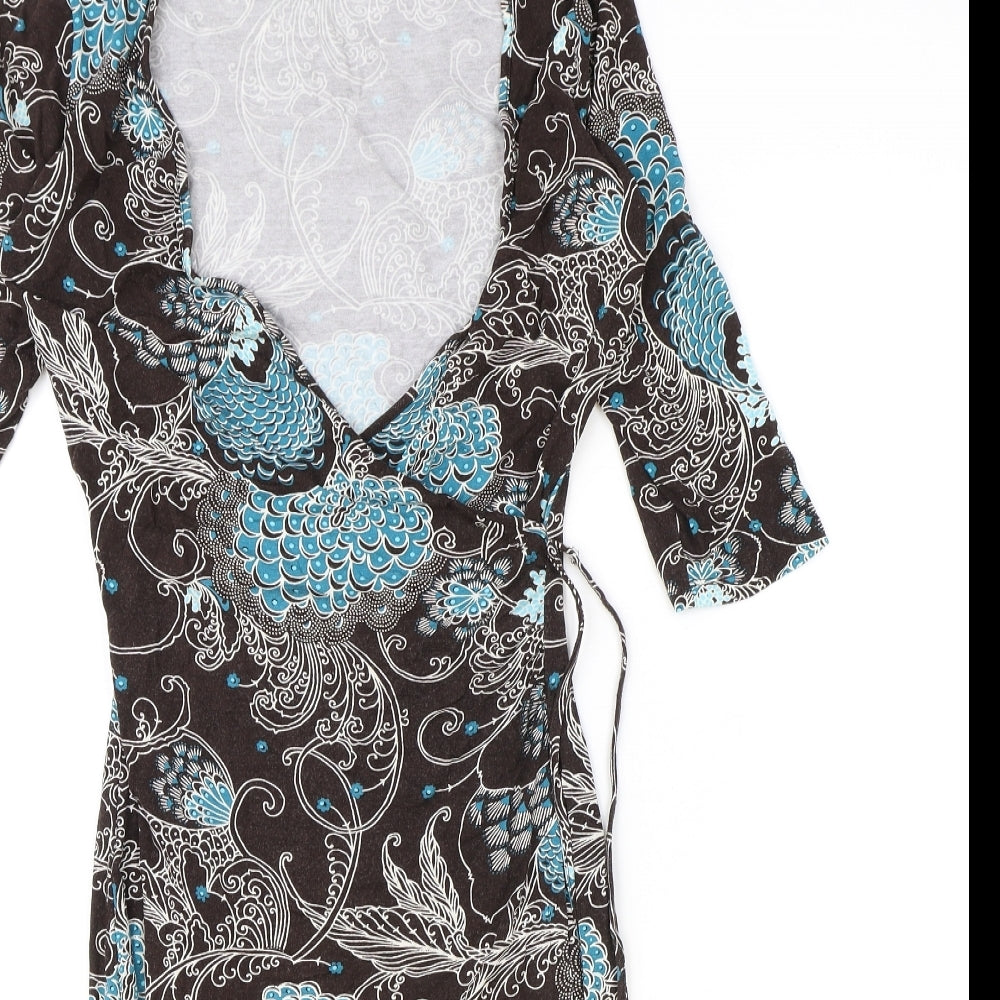 Jane Norman Womens Brown Floral Viscose Wrap Dress Size 14 V-Neck Pullover