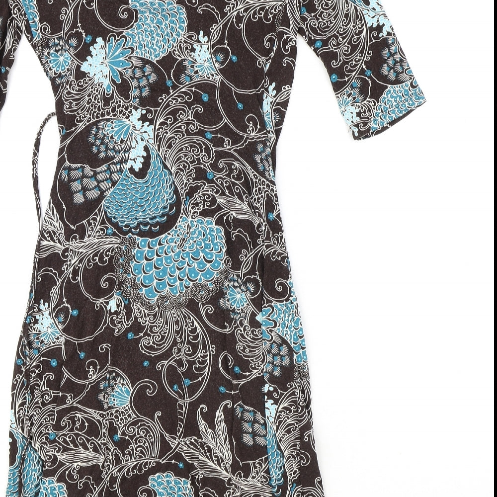 Jane Norman Womens Brown Floral Viscose Wrap Dress Size 14 V-Neck Pullover