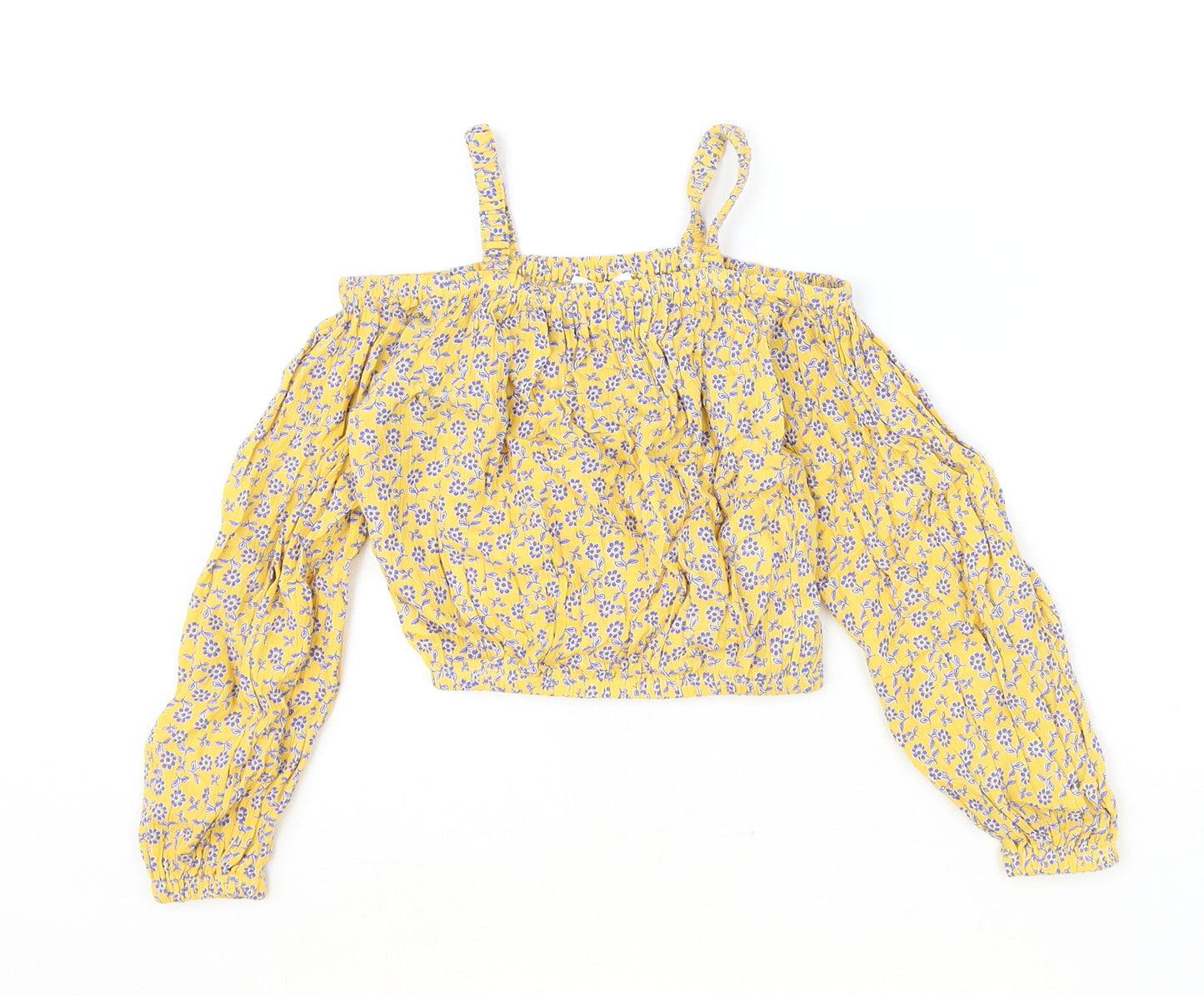 Marks and Spencer Girls Yellow Floral Viscose Basic Blouse Size 6-7 Years Off the Shoulder Pullover