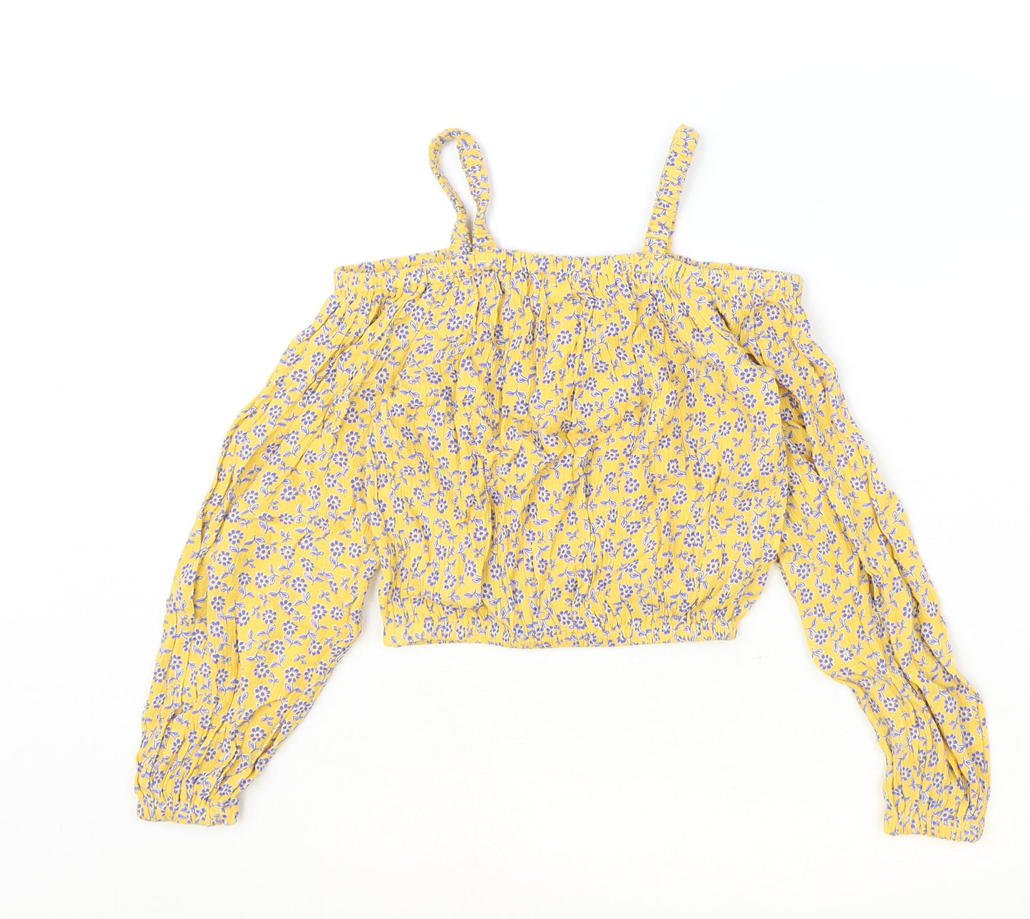 Marks and Spencer Girls Yellow Floral Viscose Basic Blouse Size 6-7 Years Off the Shoulder Pullover