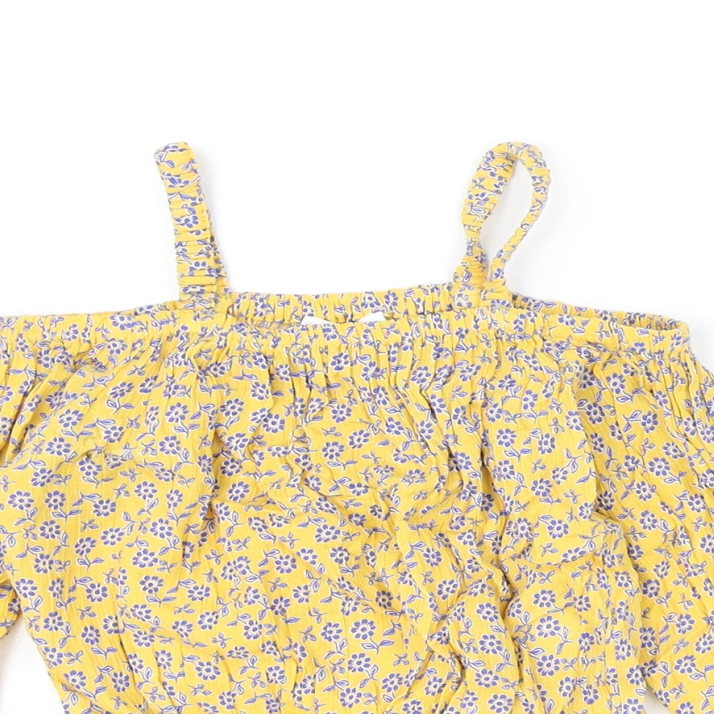 Marks and Spencer Girls Yellow Floral Viscose Basic Blouse Size 6-7 Years Off the Shoulder Pullover