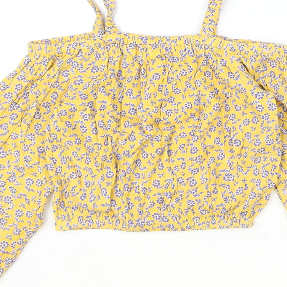 Marks and Spencer Girls Yellow Floral Viscose Basic Blouse Size 6-7 Years Off the Shoulder Pullover