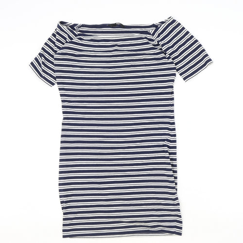 Very Womens Blue Striped Cotton Pencil Dress Size 12 Off the Shoulder Pullover
