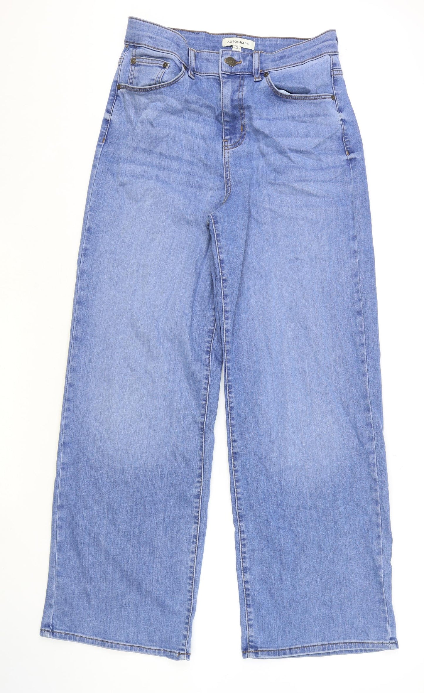 Marks and Spencer Womens Blue Cotton Wide-Leg Jeans Size 12 Regular Zip