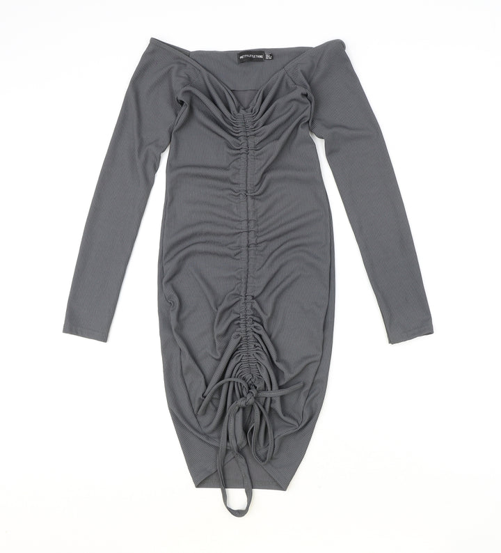 PRETTYLITTLETHING Womens Grey Polyester Bodycon Size 8 V-Neck Pullover - Ruched