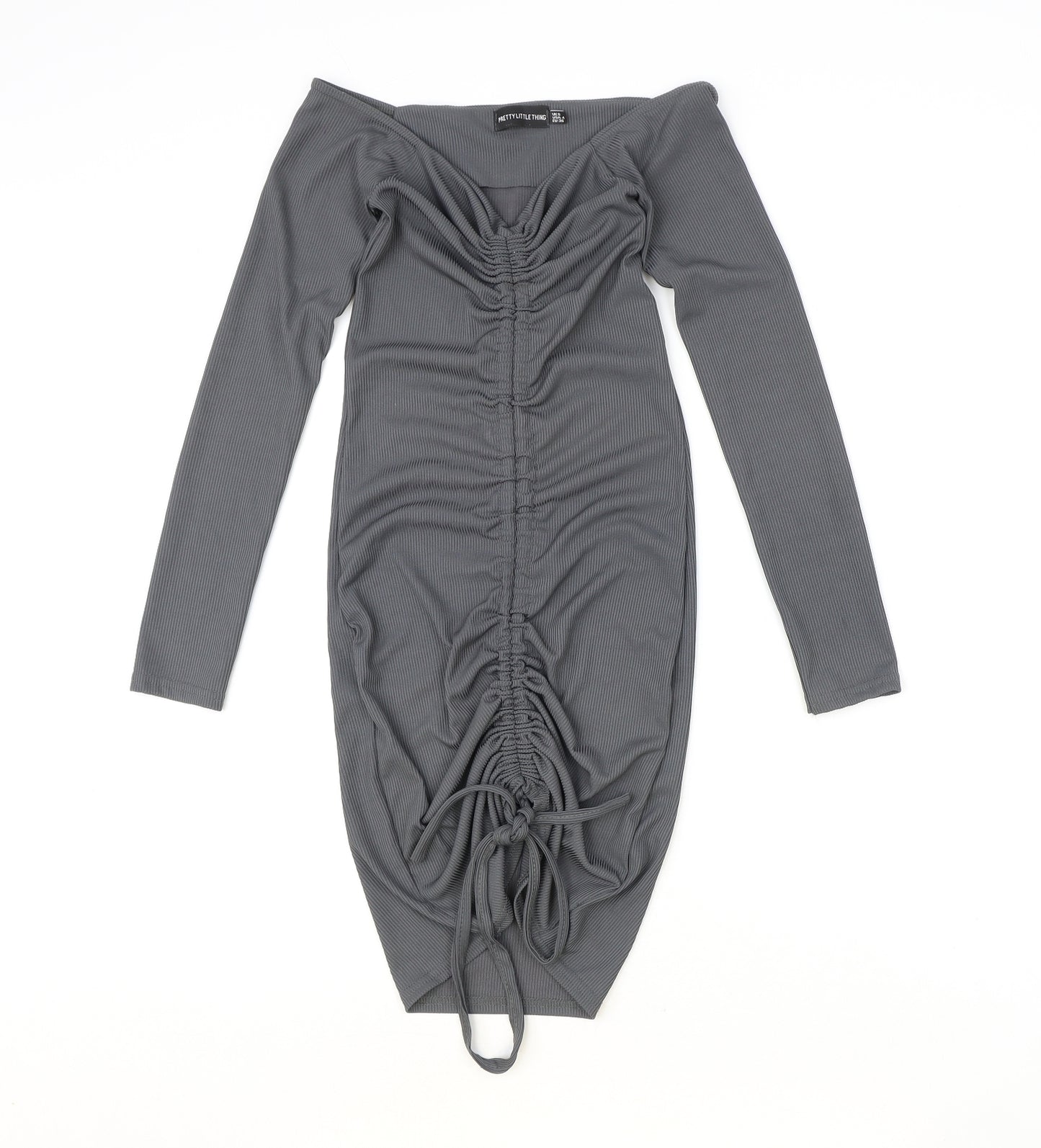 PRETTYLITTLETHING Womens Grey Polyester Bodycon Size 8 V-Neck Pullover - Ruched