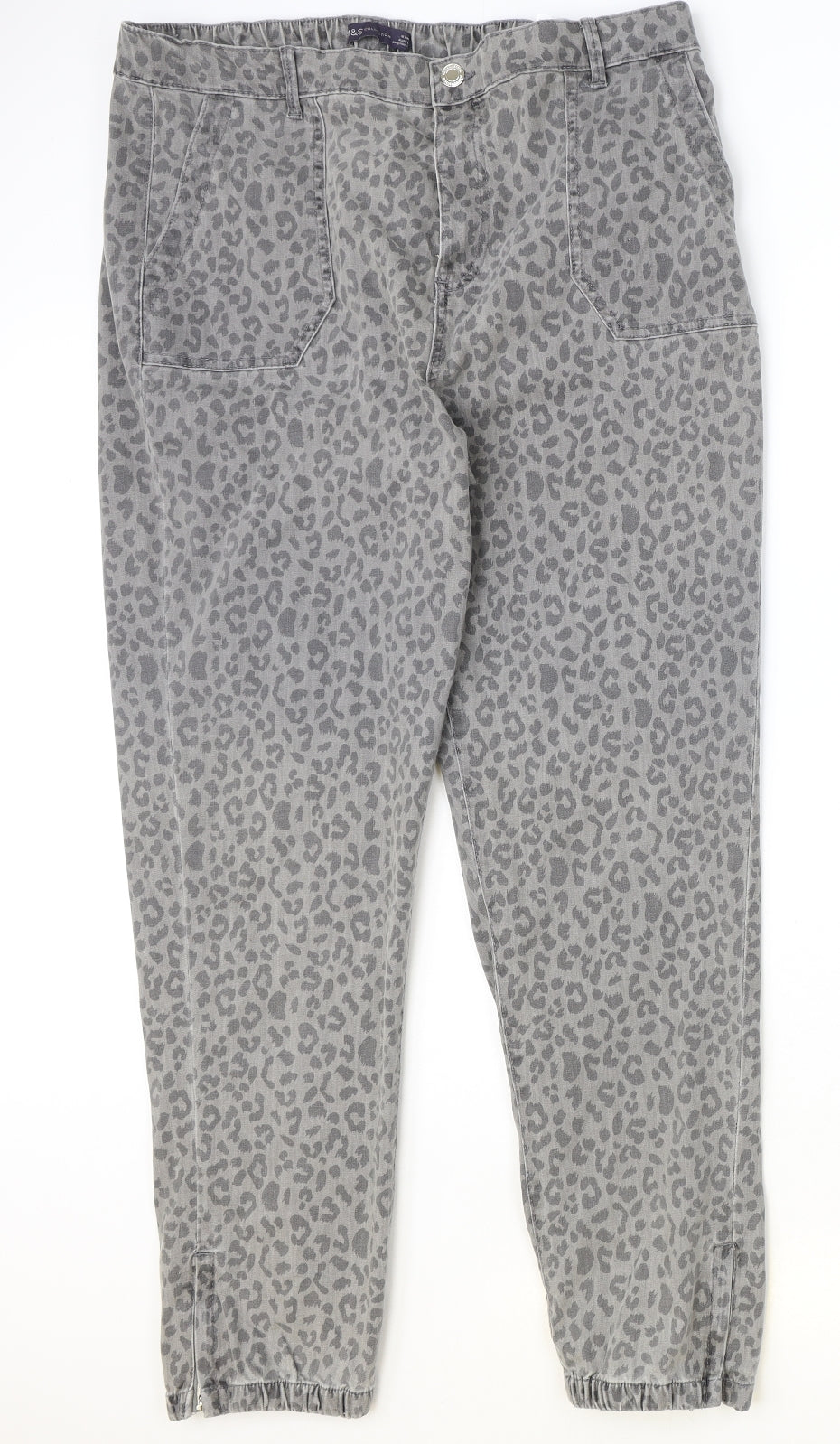 Marks and Spencer Womens Grey Animal Print Cotton Straight Jeans Size 18 Regular Zip - Leopard Pattern