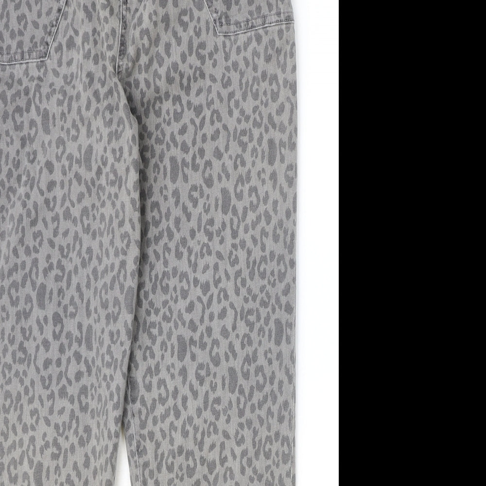 Marks and Spencer Womens Grey Animal Print Cotton Straight Jeans Size 18 Regular Zip - Leopard Pattern