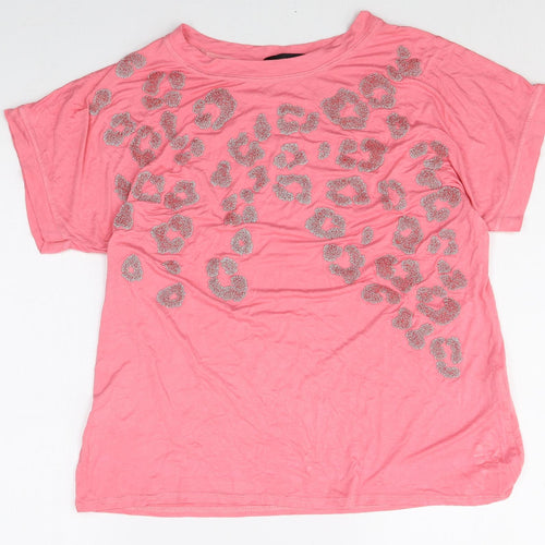 Kaleidoscope Womens Pink Animal Print Viscose Basic T-Shirt Size 14 Round Neck - Leopard print