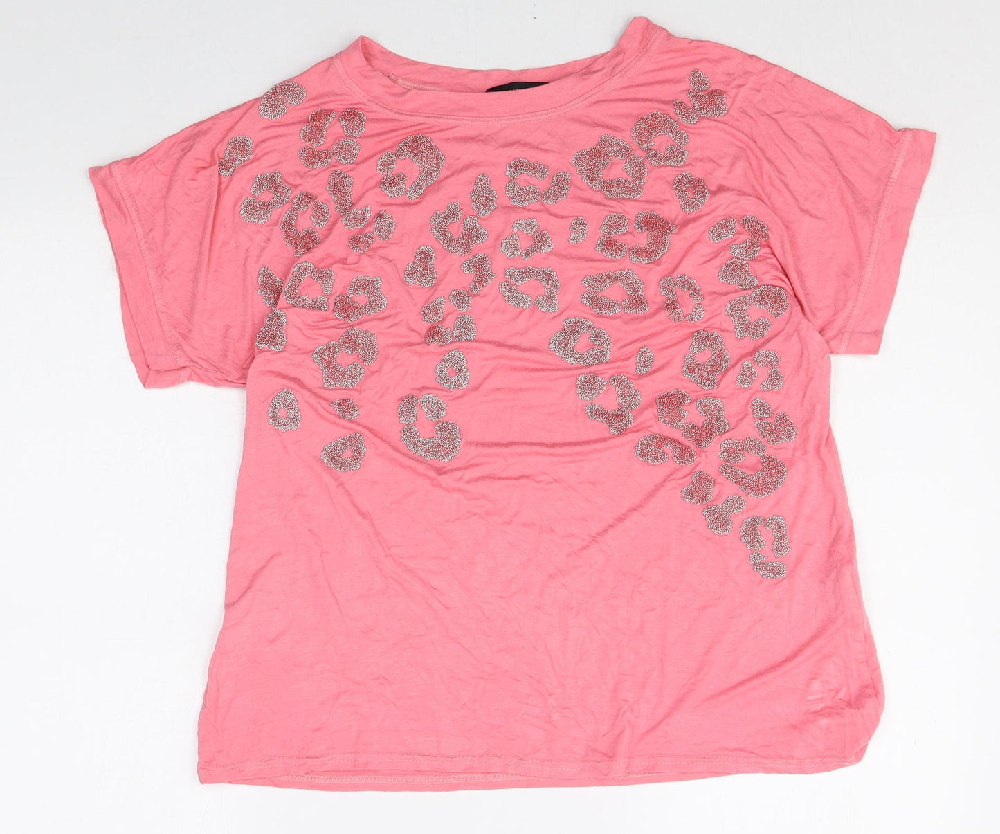 Kaleidoscope Womens Pink Animal Print Viscose Basic T-Shirt Size 14 Round Neck - Leopard print