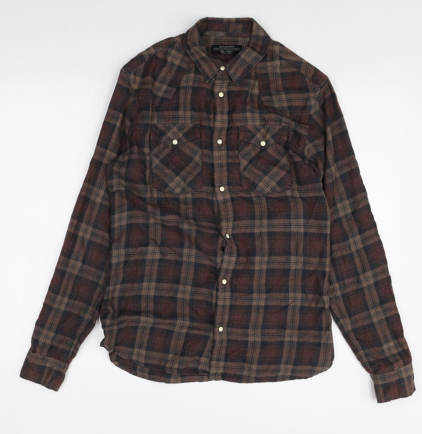 AllSaints Mens Brown Plaid Polyester Button-Up Size XS Collared Snap