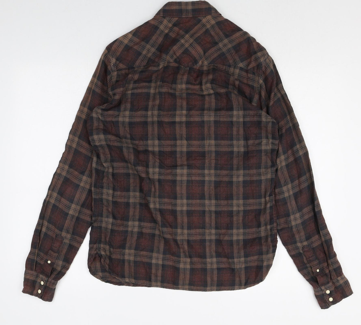 AllSaints Mens Brown Plaid Polyester Button-Up Size XS Collared Snap