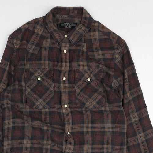 AllSaints Mens Brown Plaid Polyester Button-Up Size XS Collared Snap