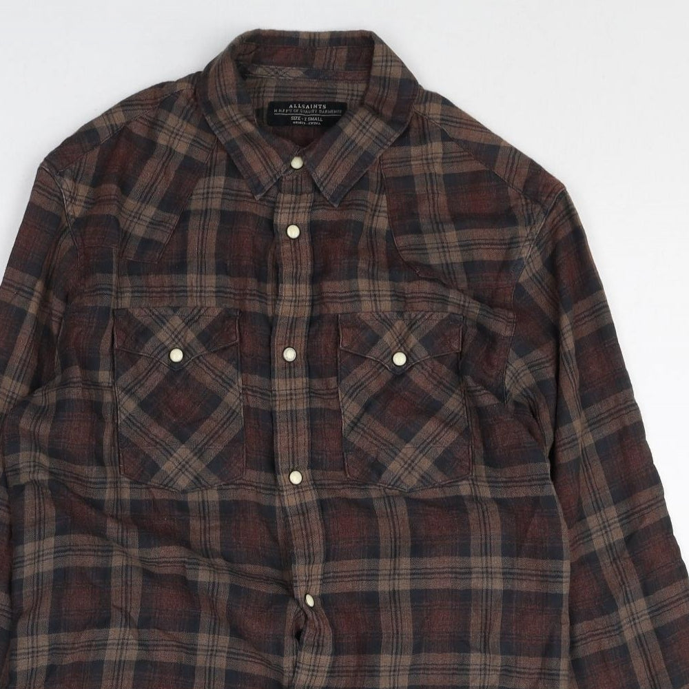 AllSaints Mens Brown Plaid Polyester Button-Up Size XS Collared Snap