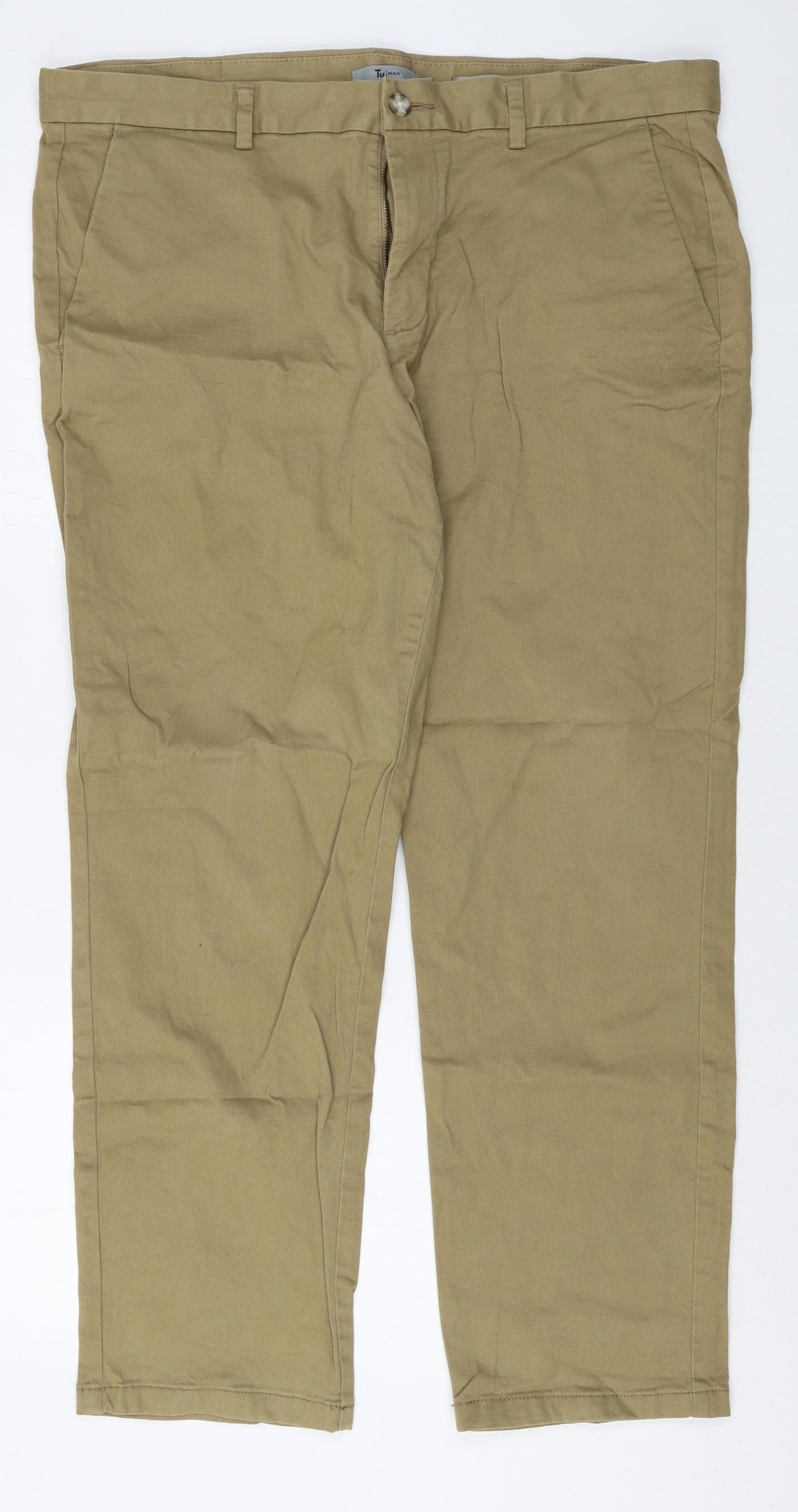TU Mens Beige Cotton Chino Trousers Size 38 in Regular Zip