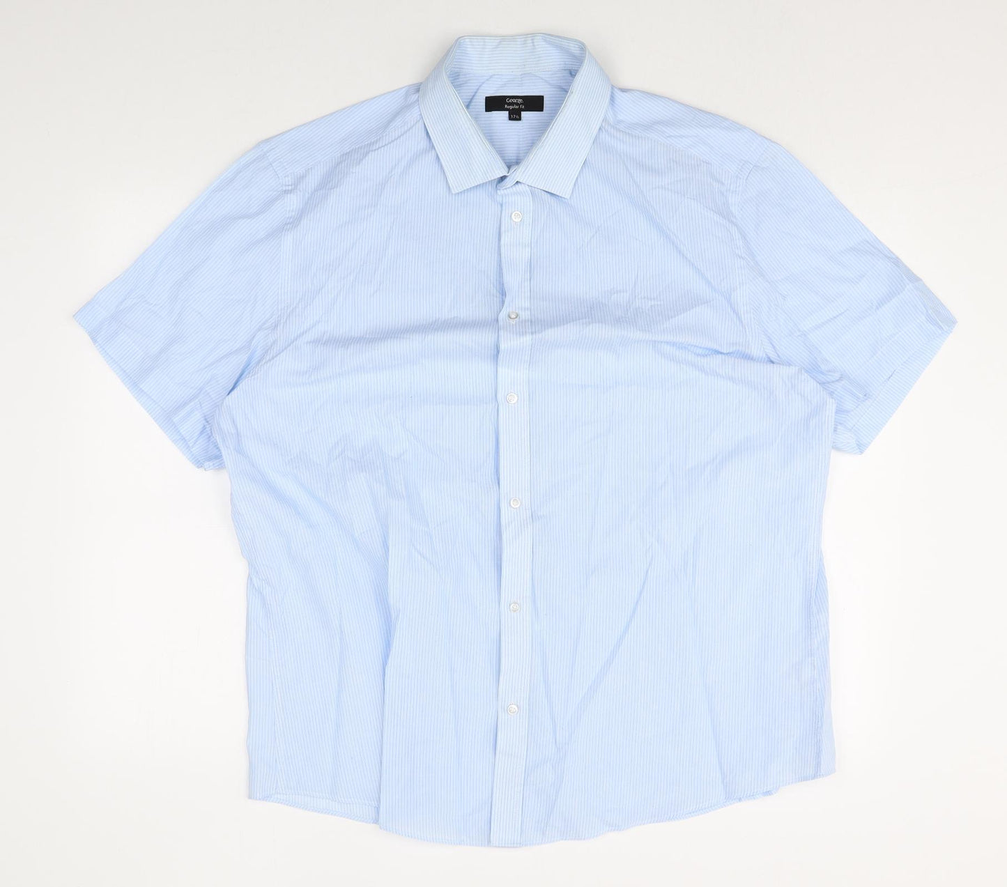 George Mens Blue Striped Polyester Dress Shirt Size 17.5 Collared Button