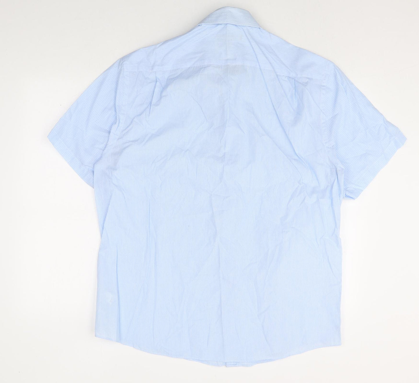 George Mens Blue Striped Polyester Dress Shirt Size 17.5 Collared Button