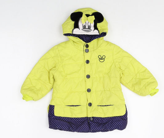 Front view of Preworn girls’ yellow polka dot quilted jacket, size 2XL, zip - minnie mouse