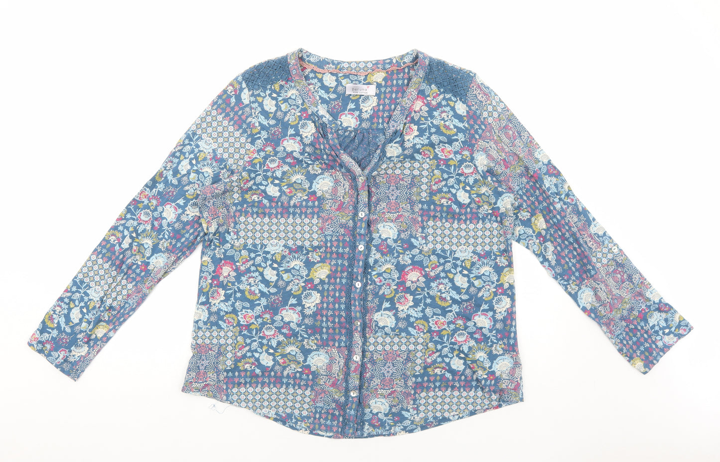 Per Una Womens Blue Floral Cotton Basic Blouse Size 18 V-Neck