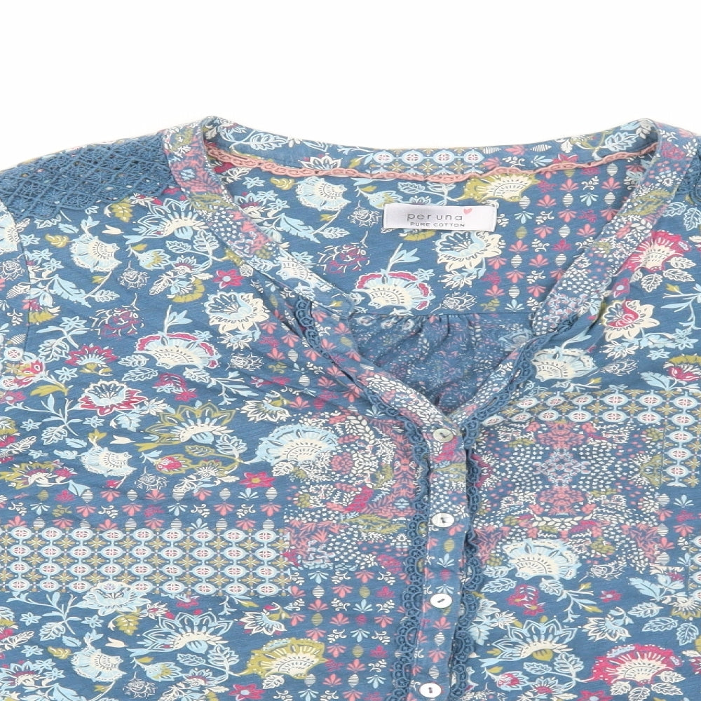 Per Una Womens Blue Floral Cotton Basic Blouse Size 18 V-Neck