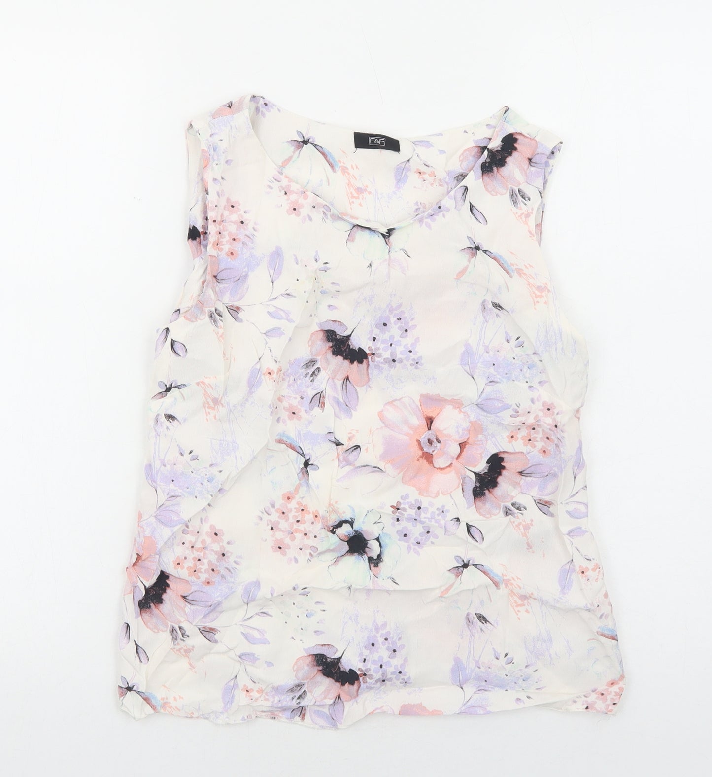 F&F Womens White Floral Polyester Basic Tank Size 8 Scoop Neck