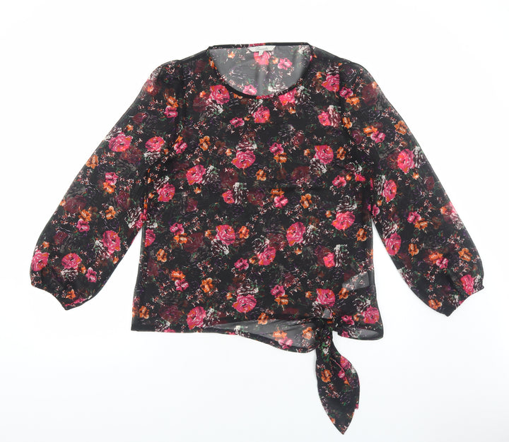 Peacocks Womens Black Floral Polyester Basic Blouse Size 12 Scoop Neck - Tie Front Detail