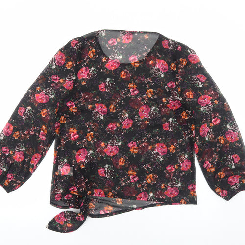 Peacocks Womens Black Floral Polyester Basic Blouse Size 12 Scoop Neck - Tie Front Detail