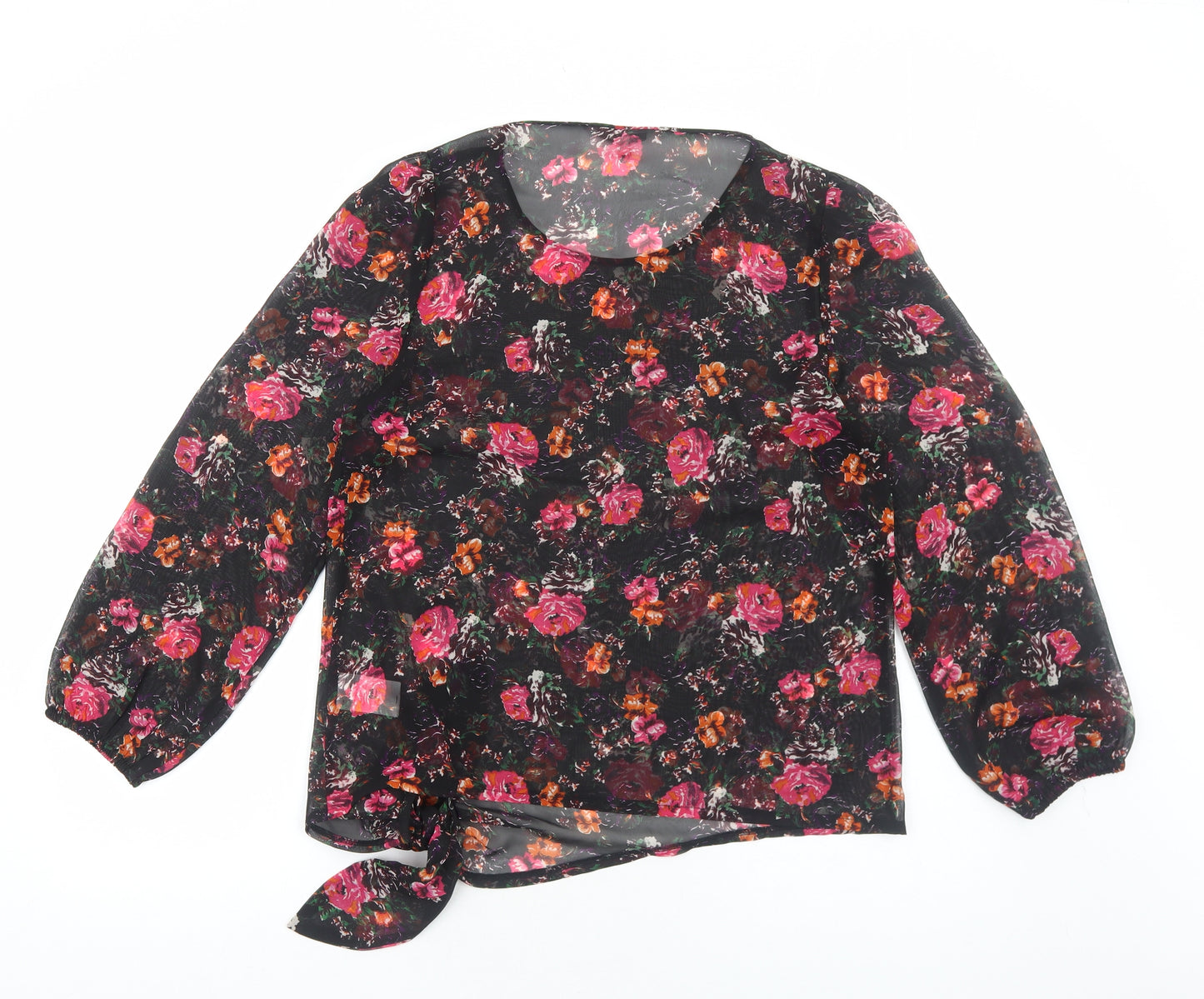 Peacocks Womens Black Floral Polyester Basic Blouse Size 12 Scoop Neck - Tie Front Detail