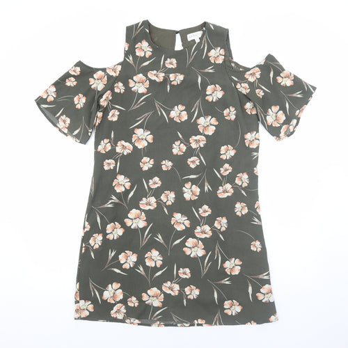 Apricot Womens Green Floral Polyester Shift Size 10 Round Neck Pullover - Cold Shoulder